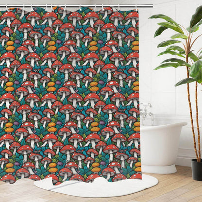 Colored Mushrooms Bathroom Four-Piece Set(Shower Curtain + Toilet Cover Mat + Toilet Foot Mat + Floor Mat)| Polyester - DeRose Seasonal