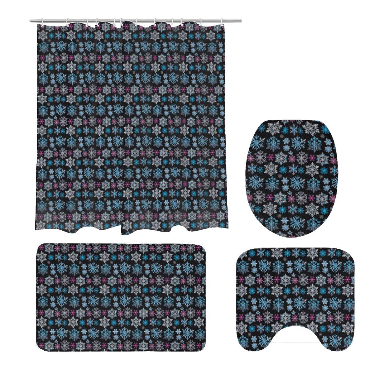 Party Snowflake Bathroom Four-Piece Set(Shower Curtain + Toilet Cover Mat + Toilet Foot Mat + Floor Mat)| Polyester - DeRose Seasonal