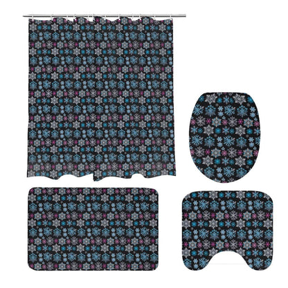 Party Snowflake Bathroom Four-Piece Set(Shower Curtain + Toilet Cover Mat + Toilet Foot Mat + Floor Mat)| Polyester - DeRose Seasonal