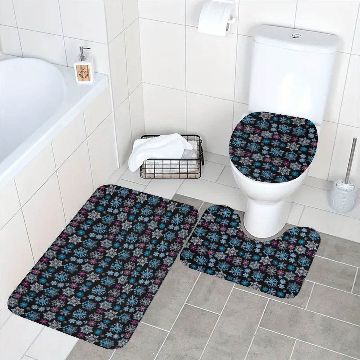Party Snowflake Bathroom Four-Piece Set(Shower Curtain + Toilet Cover Mat + Toilet Foot Mat + Floor Mat)| Polyester - DeRose Seasonal