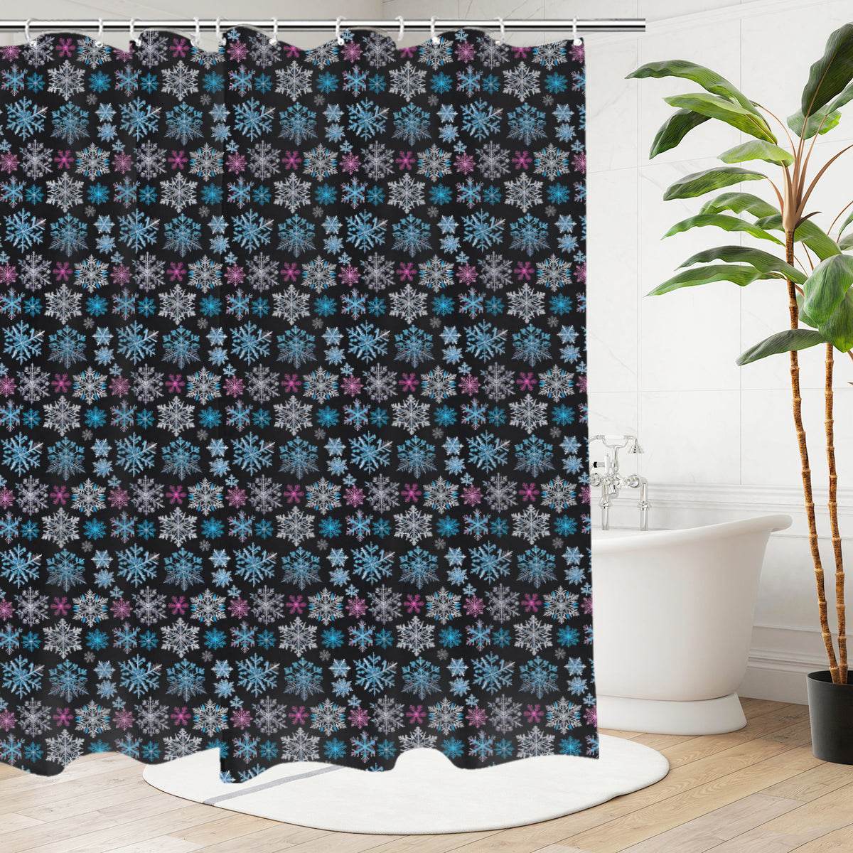 Party Snowflake Bathroom Four-Piece Set(Shower Curtain + Toilet Cover Mat + Toilet Foot Mat + Floor Mat)| Polyester - DeRose Seasonal