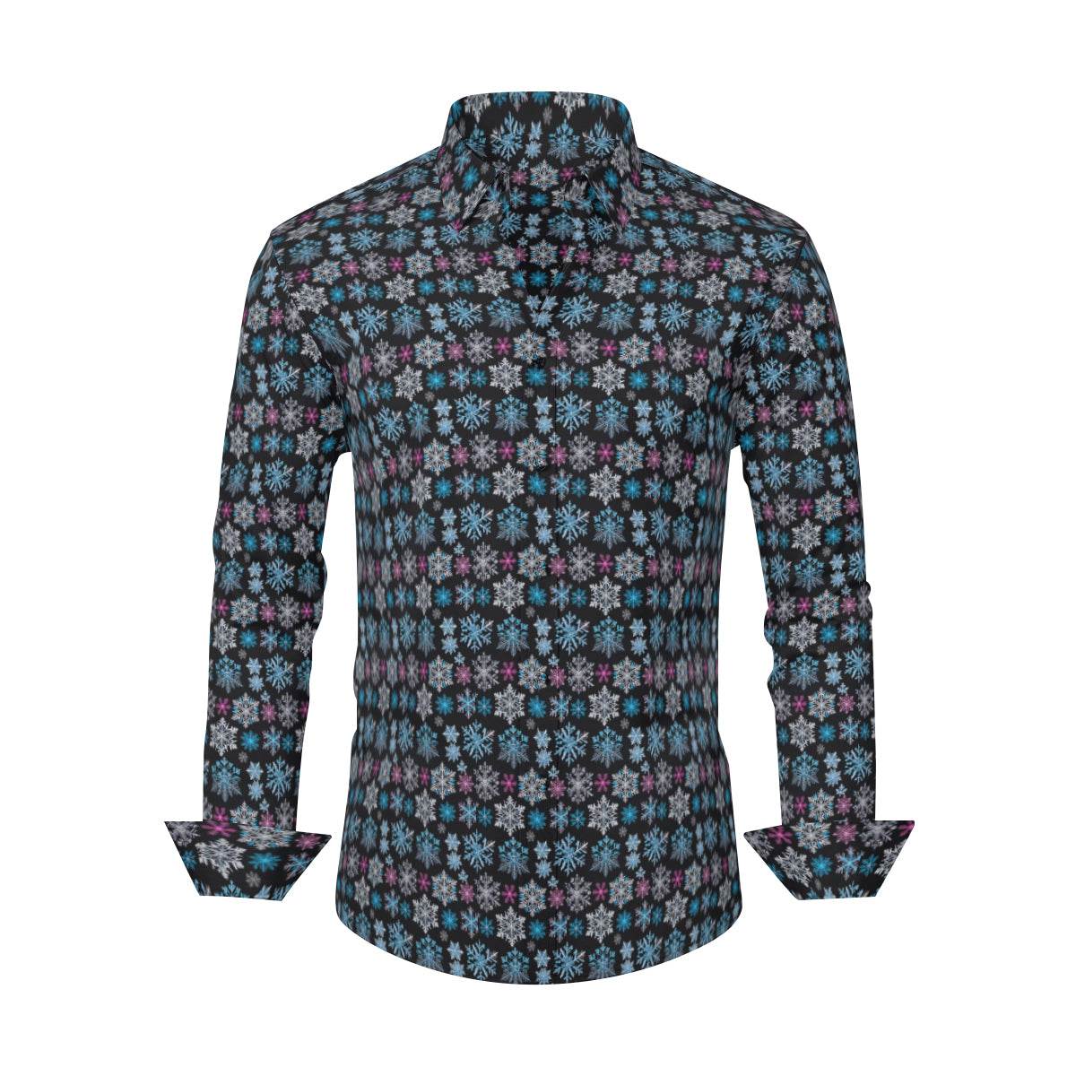 Party Snowflake Men's Classic Long-Sleeved Button up Polyester Dress Shirt - DeRose Seasonal