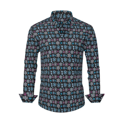 Party Snowflake Men's Classic Long-Sleeved Button up Polyester Dress Shirt - DeRose Seasonal