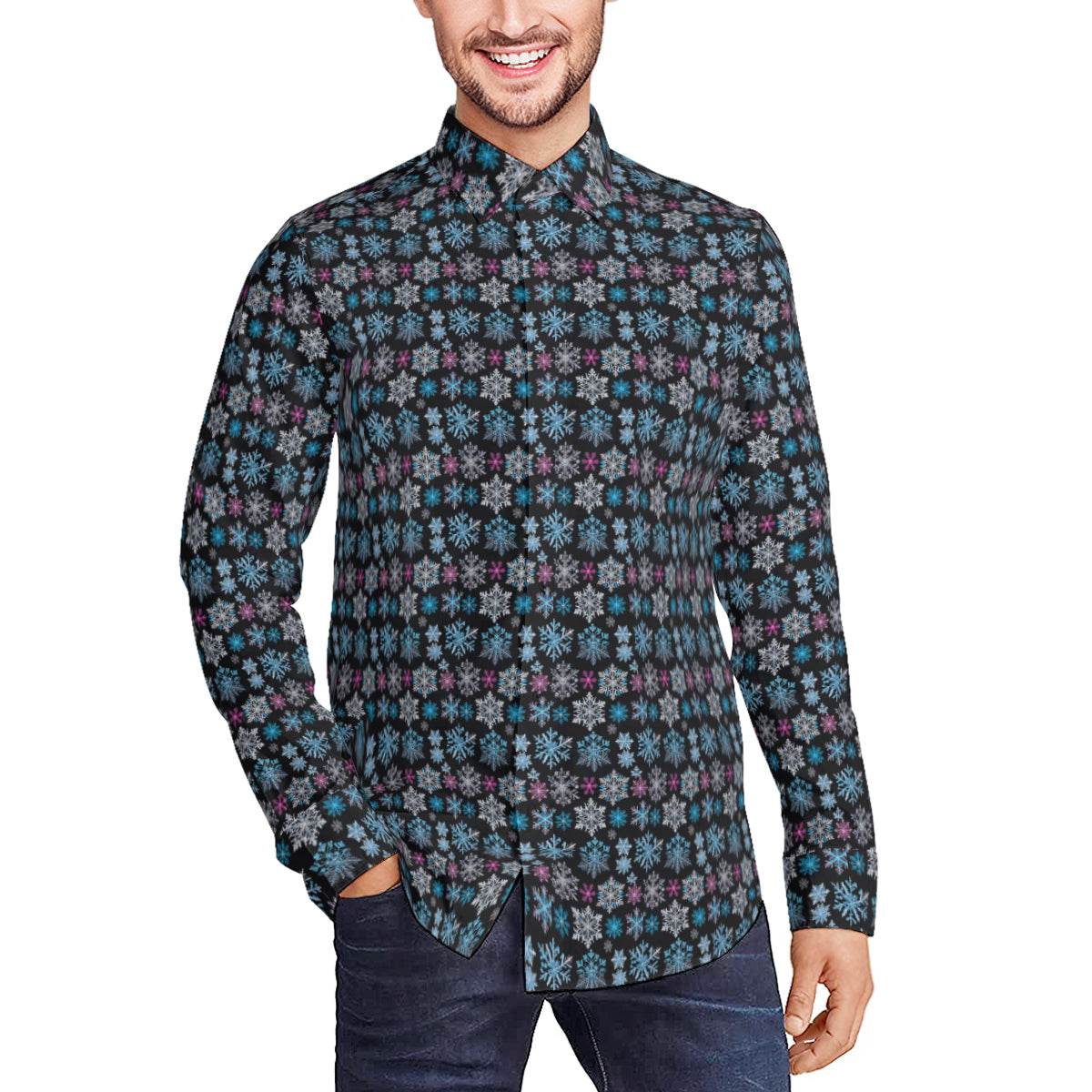 Party Snowflake Men's Classic Long-Sleeved Button up Polyester Dress Shirt - DeRose Seasonal