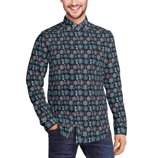 Party Snowflake Men's Classic Long-Sleeved Button up Polyester Dress Shirt - DeRose Seasonal