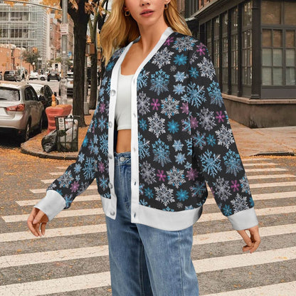 Party Snowflakes Women's Cardigan Button Sweater Custom Women's Cardigan (Model H73) - DeRose Seasonal