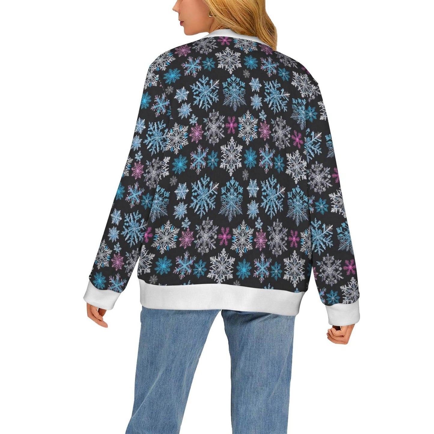 Party Snowflakes Women's Cardigan Button Sweater Custom Women's Cardigan (Model H73) - DeRose Seasonal