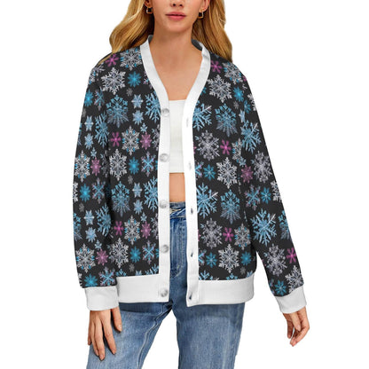 Party Snowflakes Women's Cardigan Button Sweater Custom Women's Cardigan (Model H73) - DeRose Seasonal
