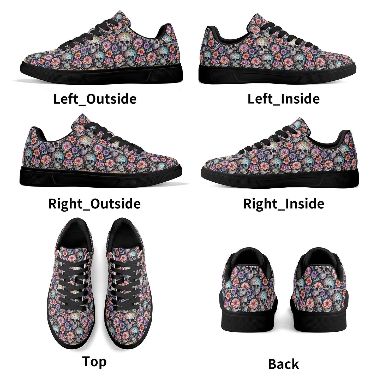 Pastel Floral and Skulls Adult Lightweight Brand Low Top Leather Shoes - DeRose Seasonal