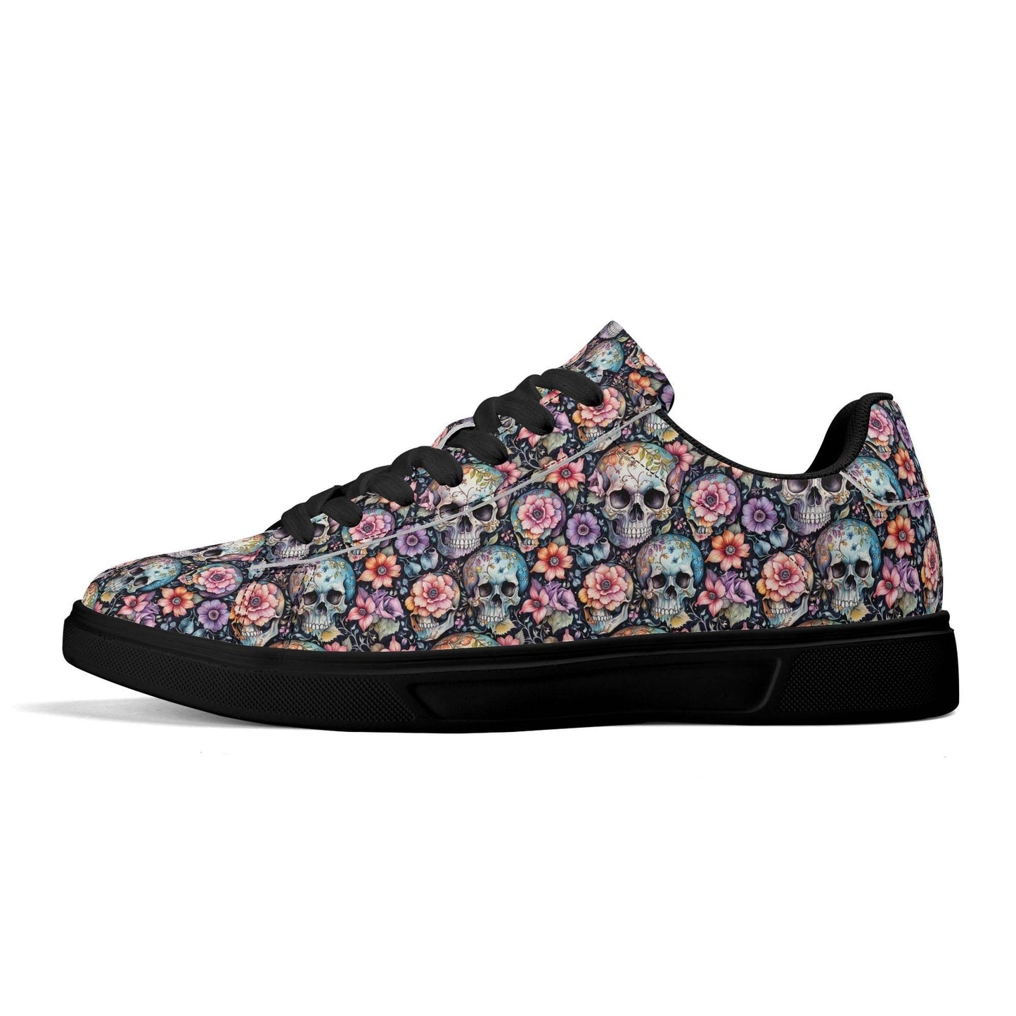 Pastel Floral and Skulls Adult Lightweight Brand Low Top Leather Shoes - DeRose Seasonal
