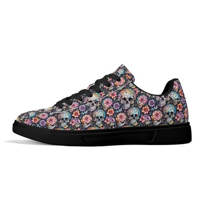 Pastel Floral and Skulls Adult Lightweight Brand Low Top Leather Shoes - DeRose Seasonal