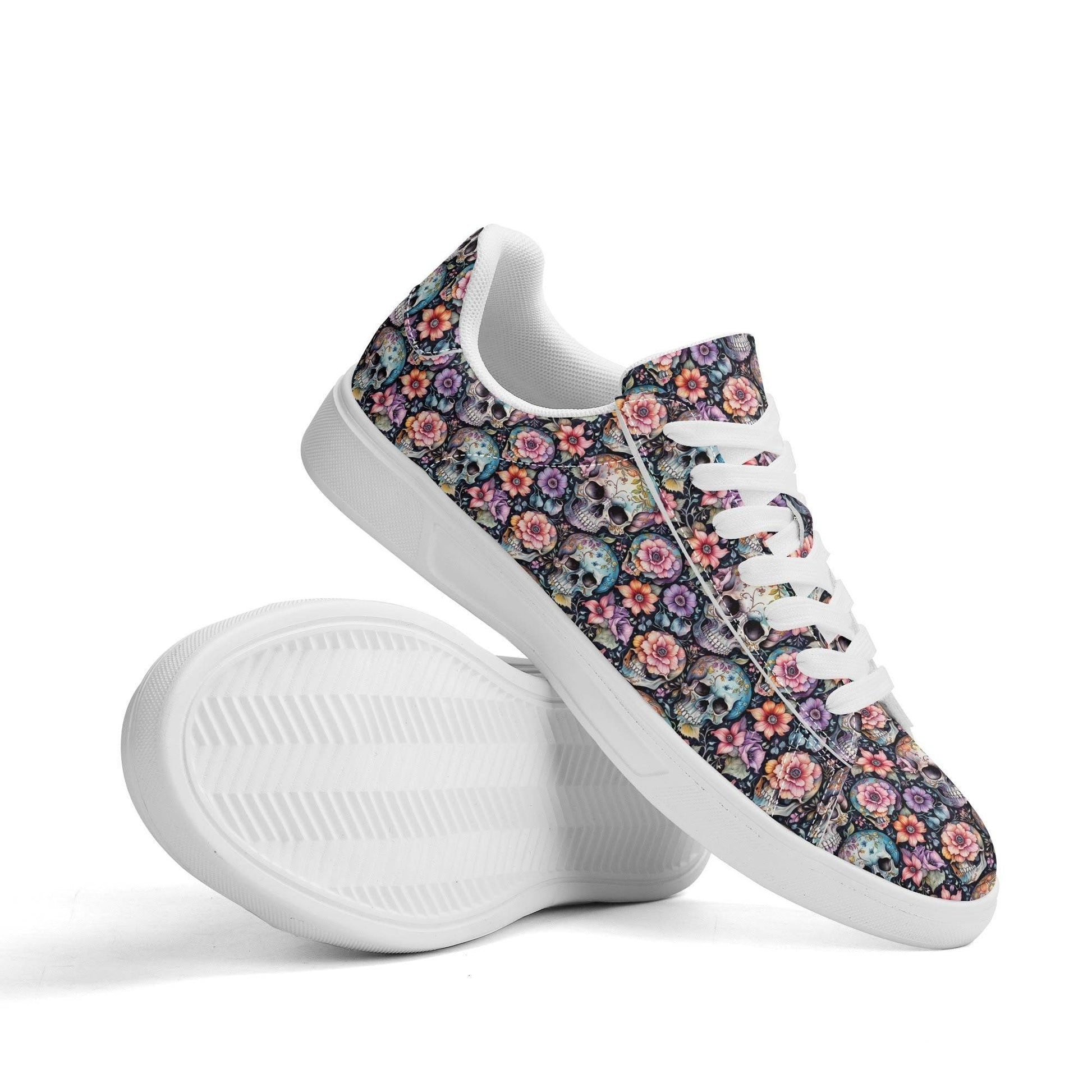 Pastel Floral and Skulls Adult Lightweight Brand Low Top Leather Shoes - DeRose Seasonal