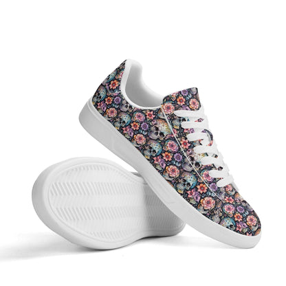 Pastel Floral and Skulls Adult Lightweight Brand Low Top Leather Shoes - DeRose Seasonal