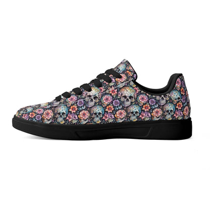 Pastel Floral and Skulls Adult Lightweight Brand Low Top Leather Shoes - DeRose Seasonal