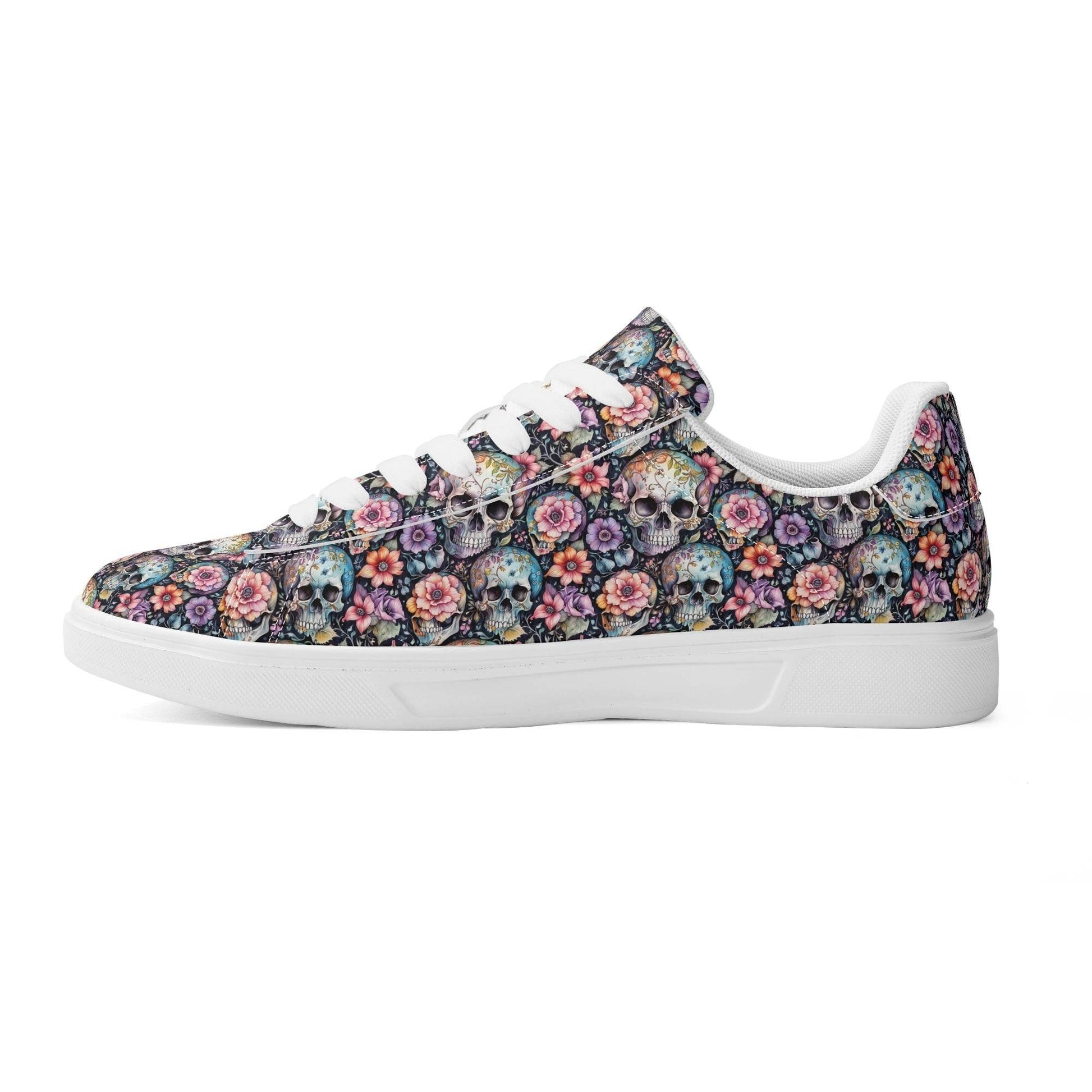 Pastel Floral and Skulls Adult Lightweight Brand Low Top Leather Shoes - DeRose Seasonal