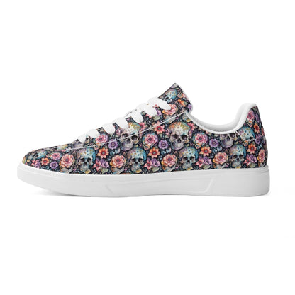 Pastel Floral and Skulls Adult Lightweight Brand Low Top Leather Shoes - DeRose Seasonal
