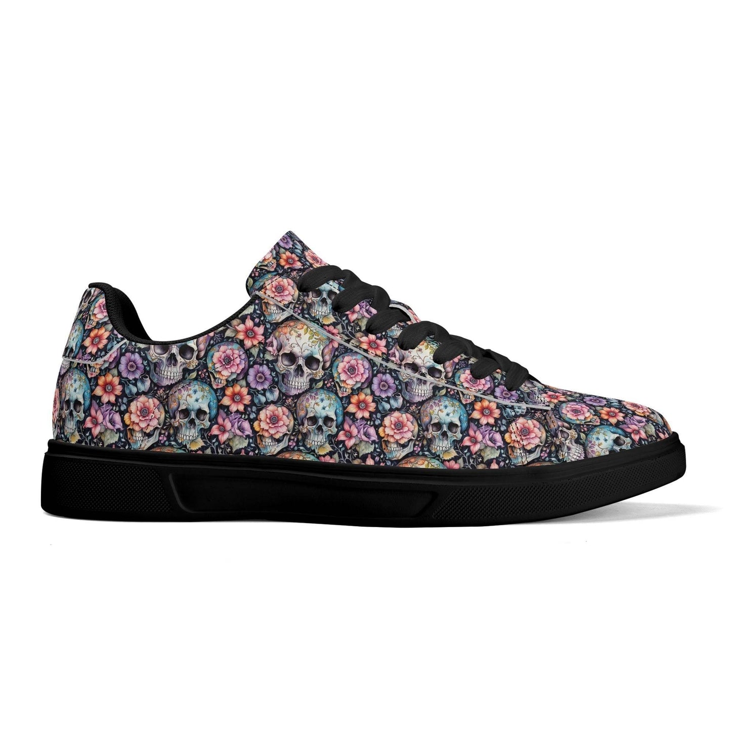 Pastel Floral and Skulls Adult Lightweight Brand Low Top Leather Shoes - DeRose Seasonal