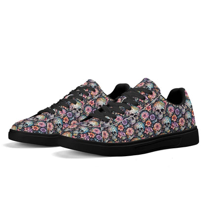 Pastel Floral and Skulls Adult Lightweight Brand Low Top Leather Shoes - DeRose Seasonal