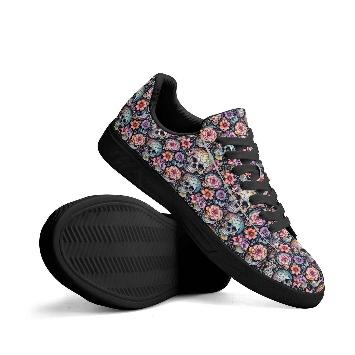 Pastel Floral and Skulls Adult Lightweight Brand Low Top Leather Shoes - DeRose Seasonal