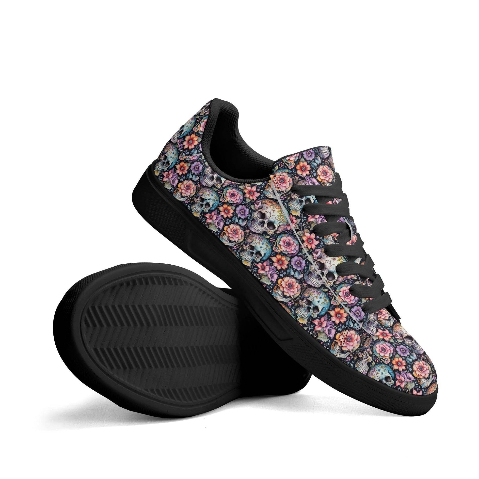 Pastel Floral and Skulls Adult Lightweight Brand Low Top Leather Shoes - DeRose Seasonal