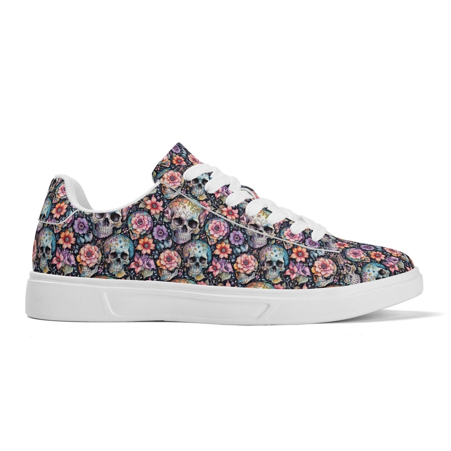 Pastel Floral and Skulls Adult Lightweight Brand Low Top Leather Shoes - DeRose Seasonal