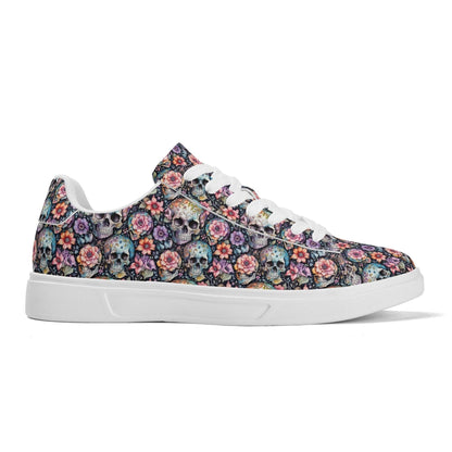 Pastel Floral and Skulls Adult Lightweight Brand Low Top Leather Shoes - DeRose Seasonal