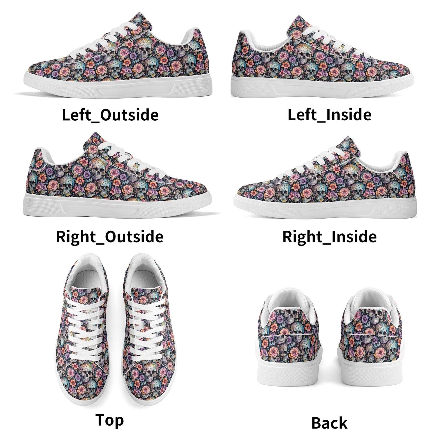 Pastel Floral and Skulls Adult Lightweight Brand Low Top Leather Shoes - DeRose Seasonal