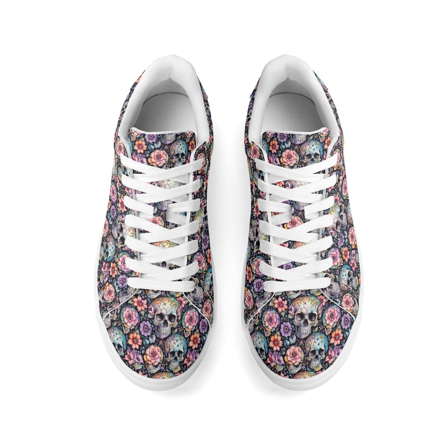Pastel Floral and Skulls Adult Lightweight Brand Low Top Leather Shoes - DeRose Seasonal