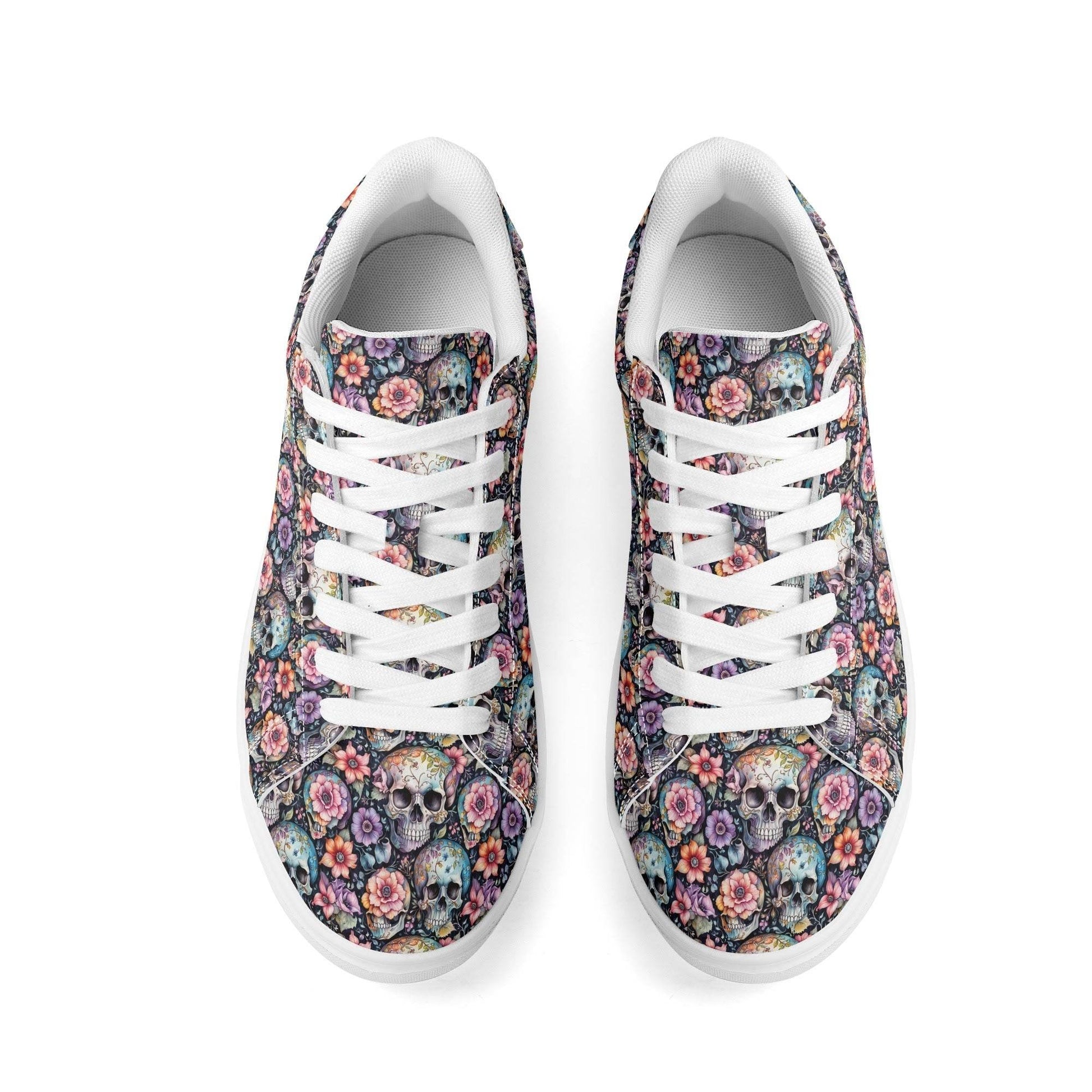 Pastel Floral and Skulls Adult Lightweight Brand Low Top Leather Shoes - DeRose Seasonal