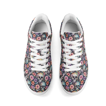 Pastel Floral and Skulls Adult Lightweight Brand Low Top Leather Shoes - DeRose Seasonal