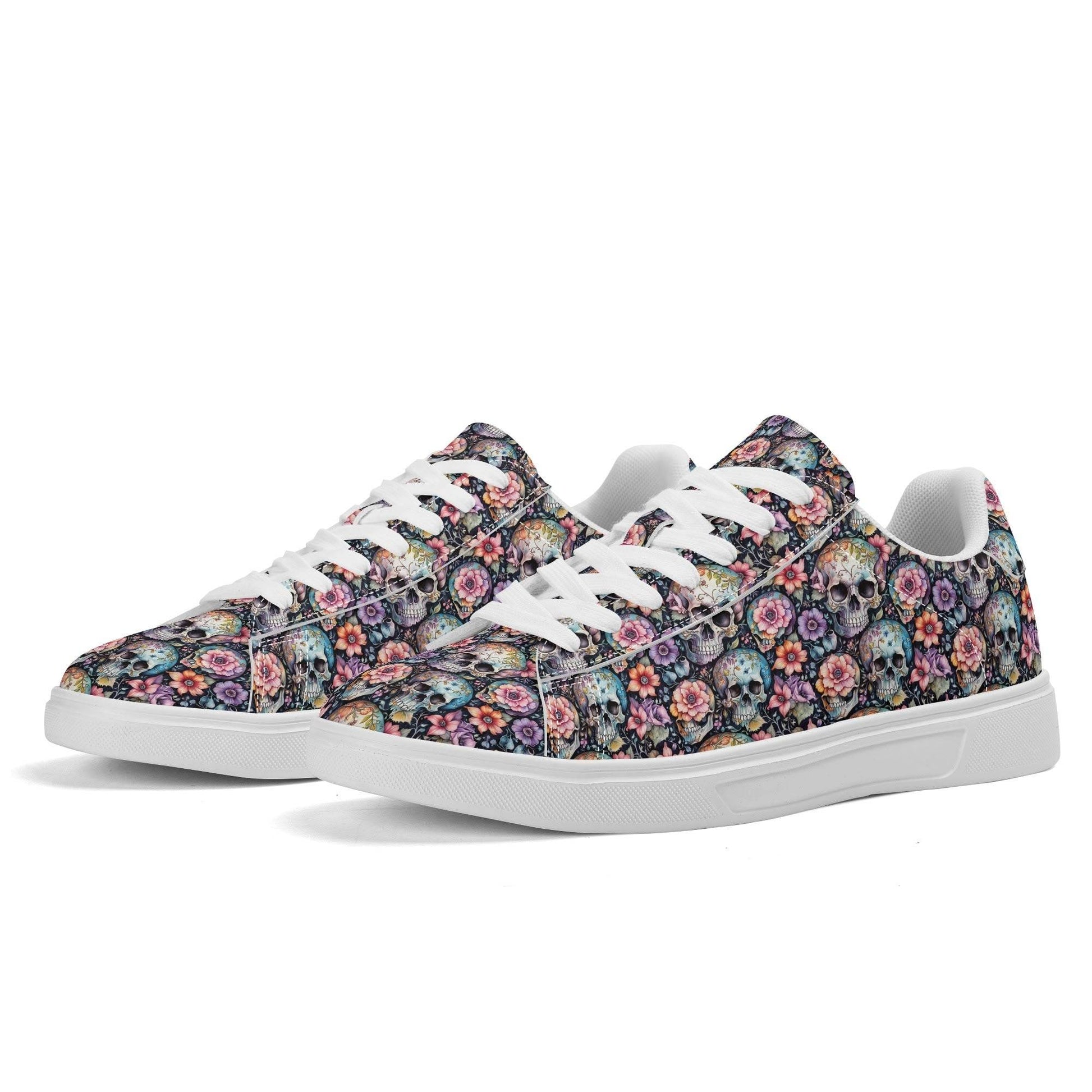 Pastel Floral and Skulls Adult Lightweight Brand Low Top Leather Shoes - DeRose Seasonal