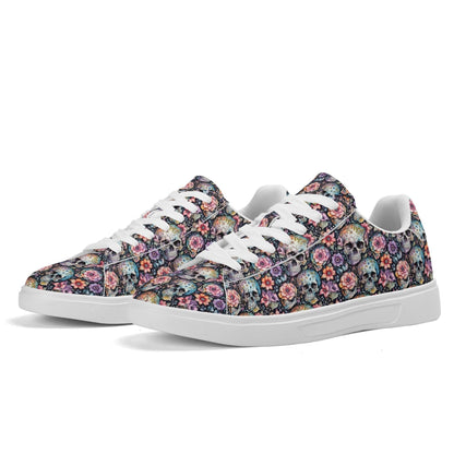 Pastel Floral and Skulls Adult Lightweight Brand Low Top Leather Shoes - DeRose Seasonal