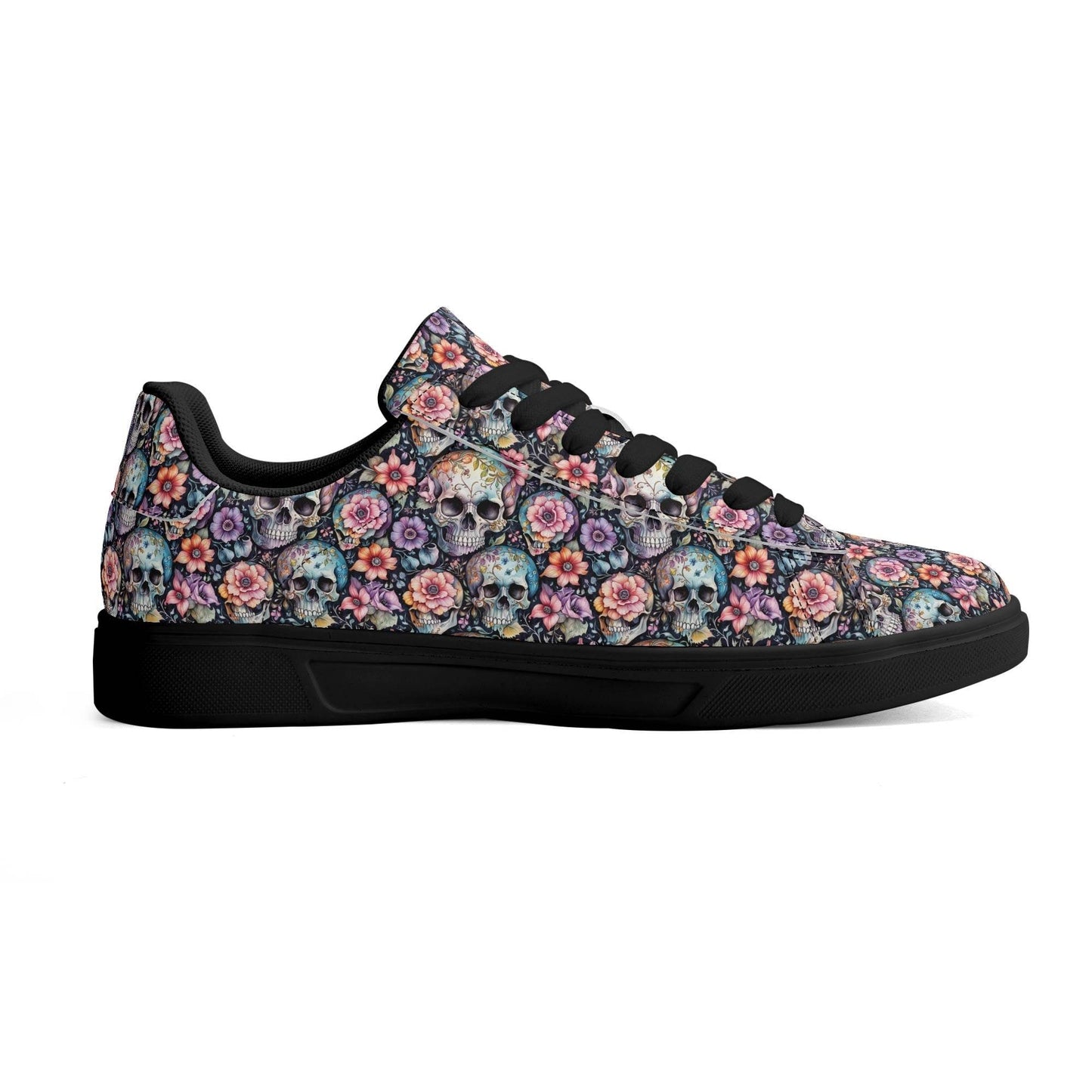 Pastel Floral and Skulls Adult Lightweight Brand Low Top Leather Shoes - DeRose Seasonal