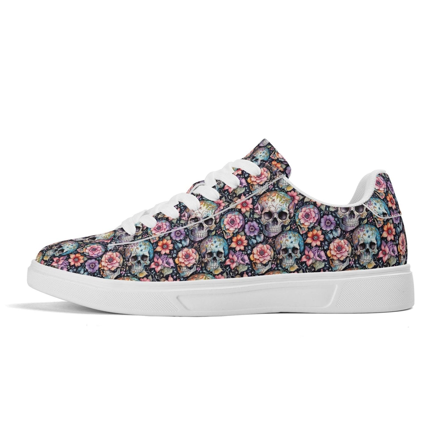 Pastel Floral and Skulls Adult Lightweight Brand Low Top Leather Shoes - DeRose Seasonal