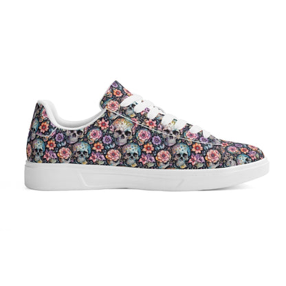 Pastel Floral and Skulls Adult Lightweight Brand Low Top Leather Shoes - DeRose Seasonal
