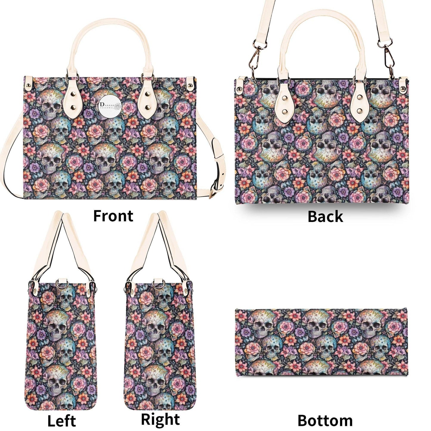 Pastel Floral and Skulls Luxury Women's Leather Handbag - DeRose Seasonal