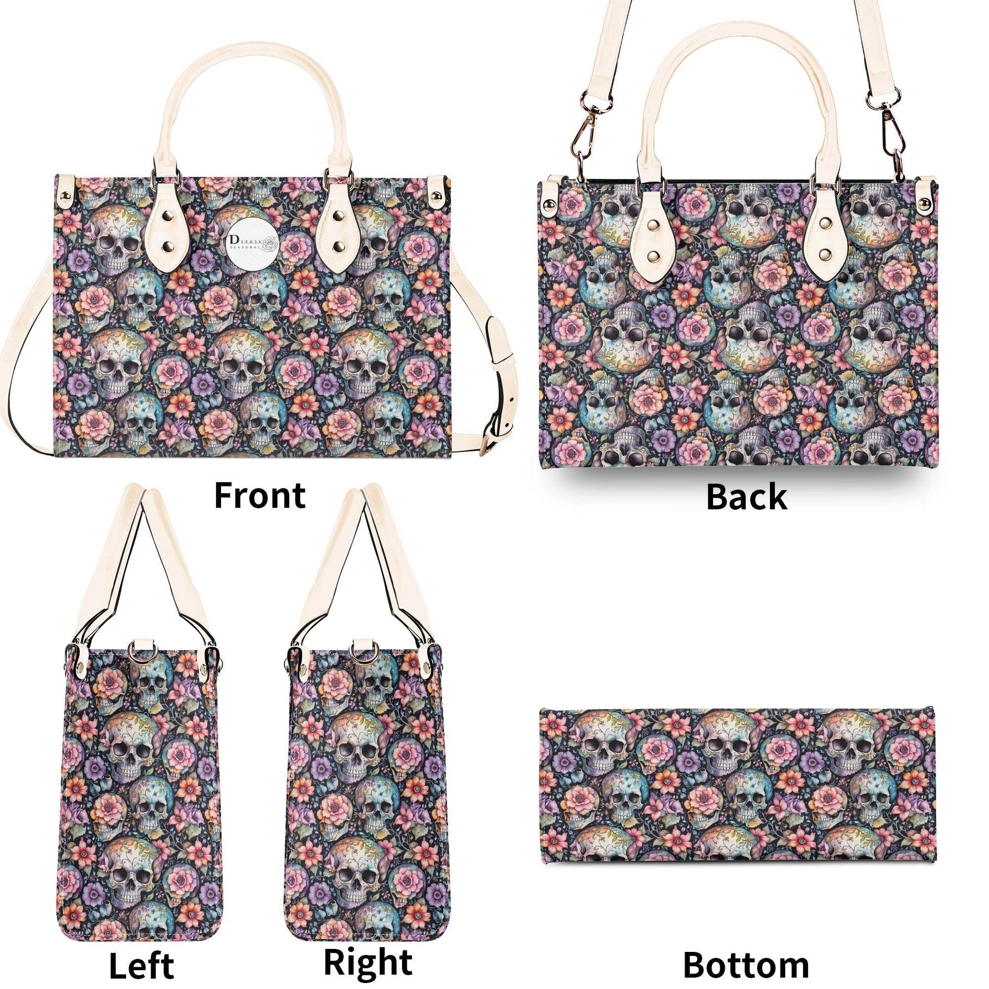 Pastel Floral and Skulls Luxury Women's Leather Handbag - DeRose Seasonal