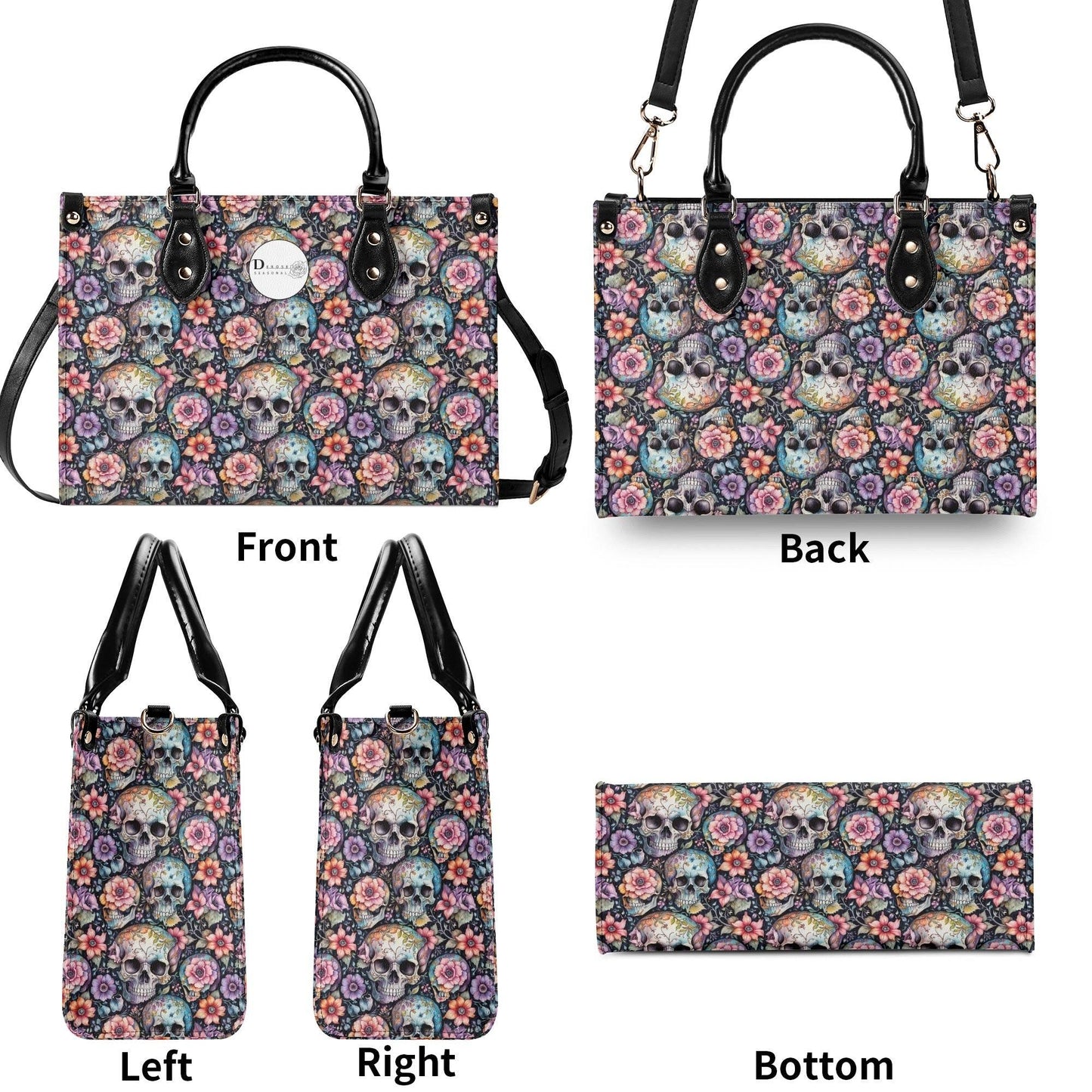 Pastel Floral and Skulls Luxury Women's Leather Handbag - DeRose Seasonal