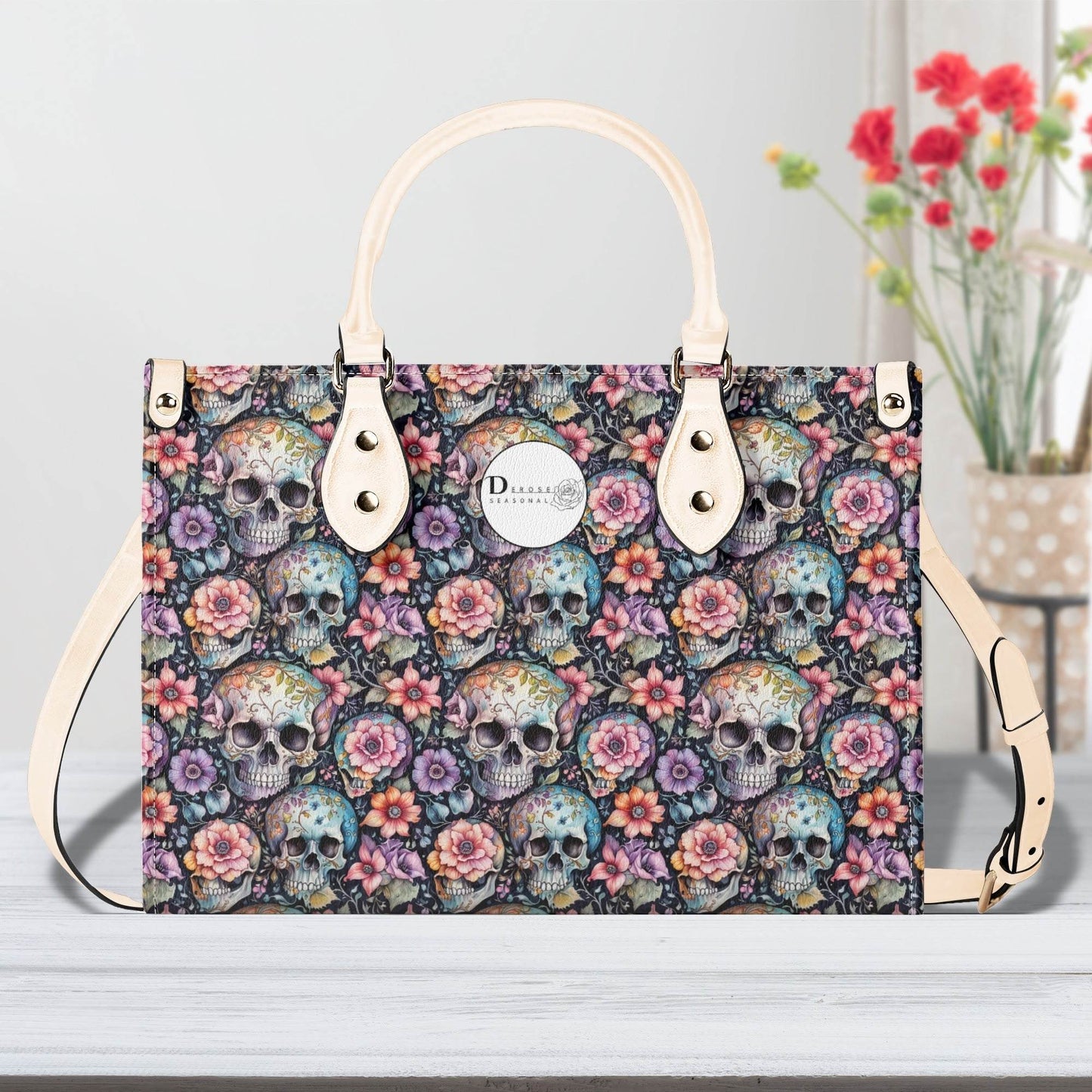 Pastel Floral and Skulls Luxury Women's Leather Handbag - DeRose Seasonal