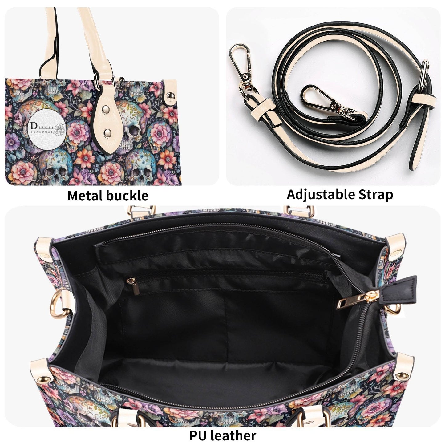 Pastel Floral and Skulls Luxury Women's Leather Handbag - DeRose Seasonal