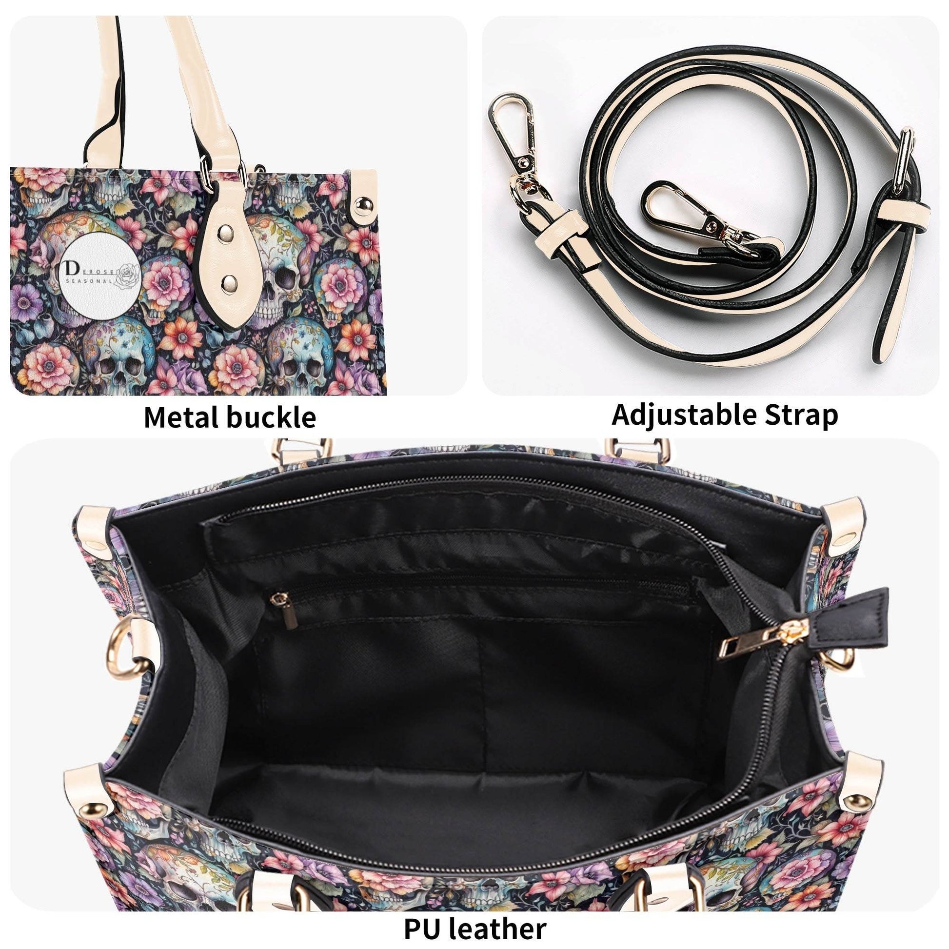 Pastel Floral and Skulls Luxury Women's Leather Handbag - DeRose Seasonal