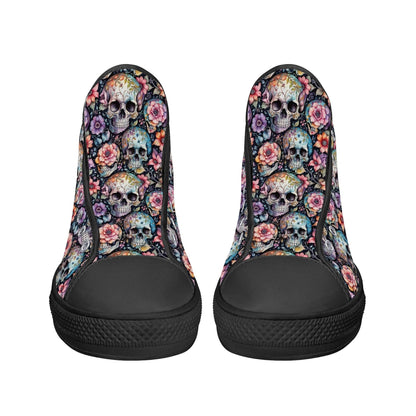 Pastel Floral and Skulls Men's High Top Canvas Shoes - DeRose Seasonal