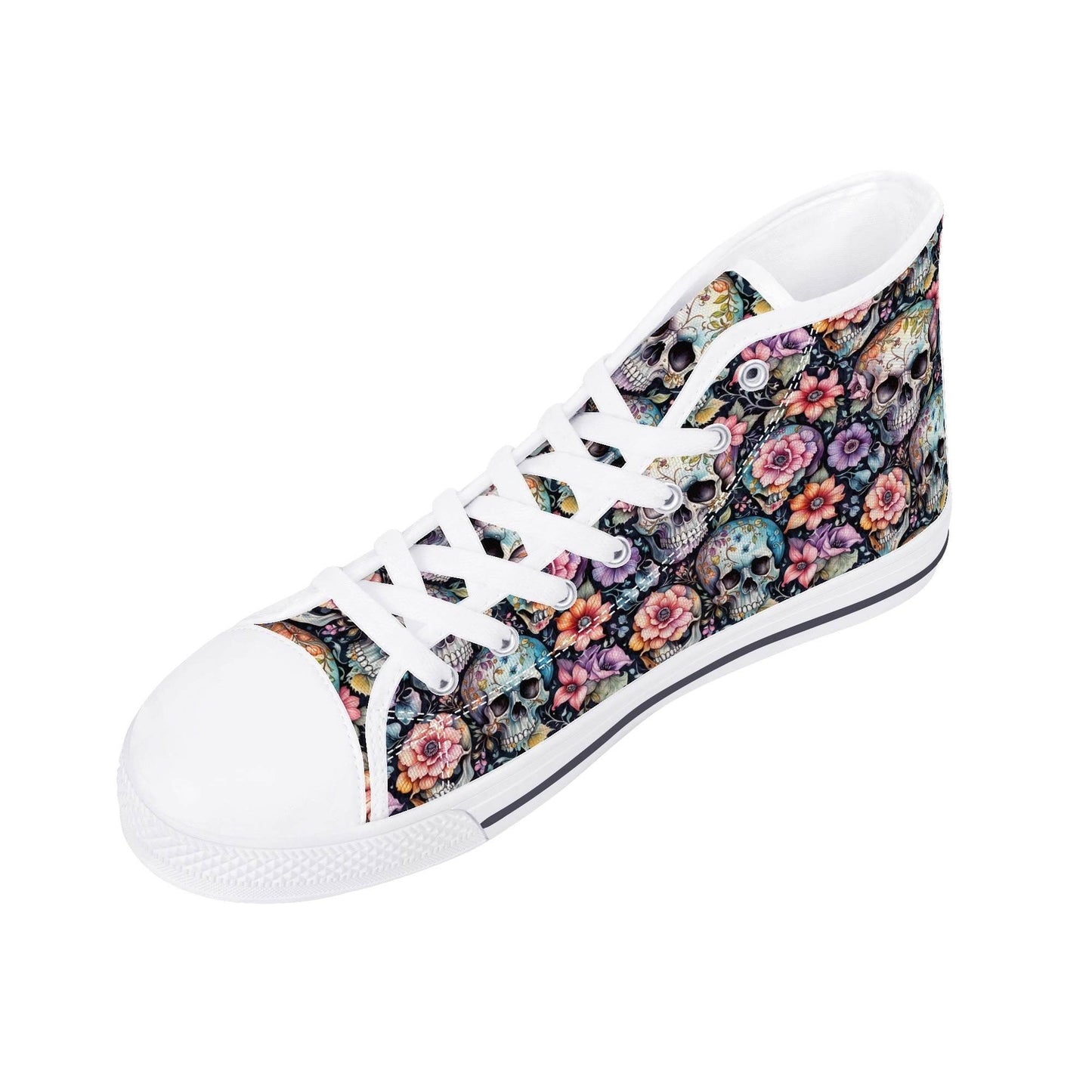 Pastel Floral and Skulls Men's High Top Canvas Shoes - DeRose Seasonal