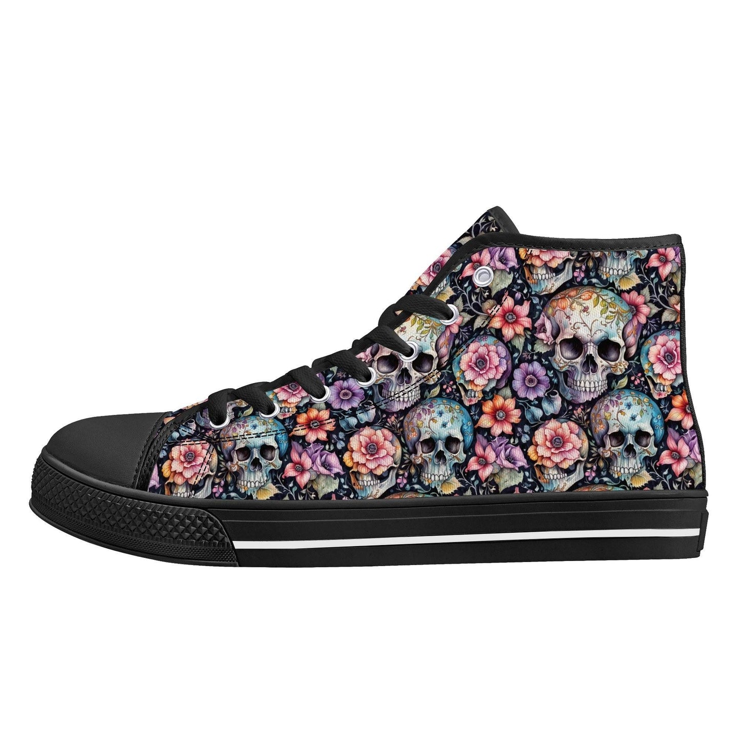 Pastel Floral and Skulls Men's High Top Canvas Shoes - DeRose Seasonal