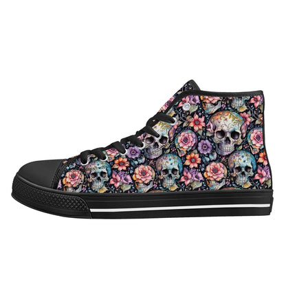 Pastel Floral and Skulls Men's High Top Canvas Shoes - DeRose Seasonal