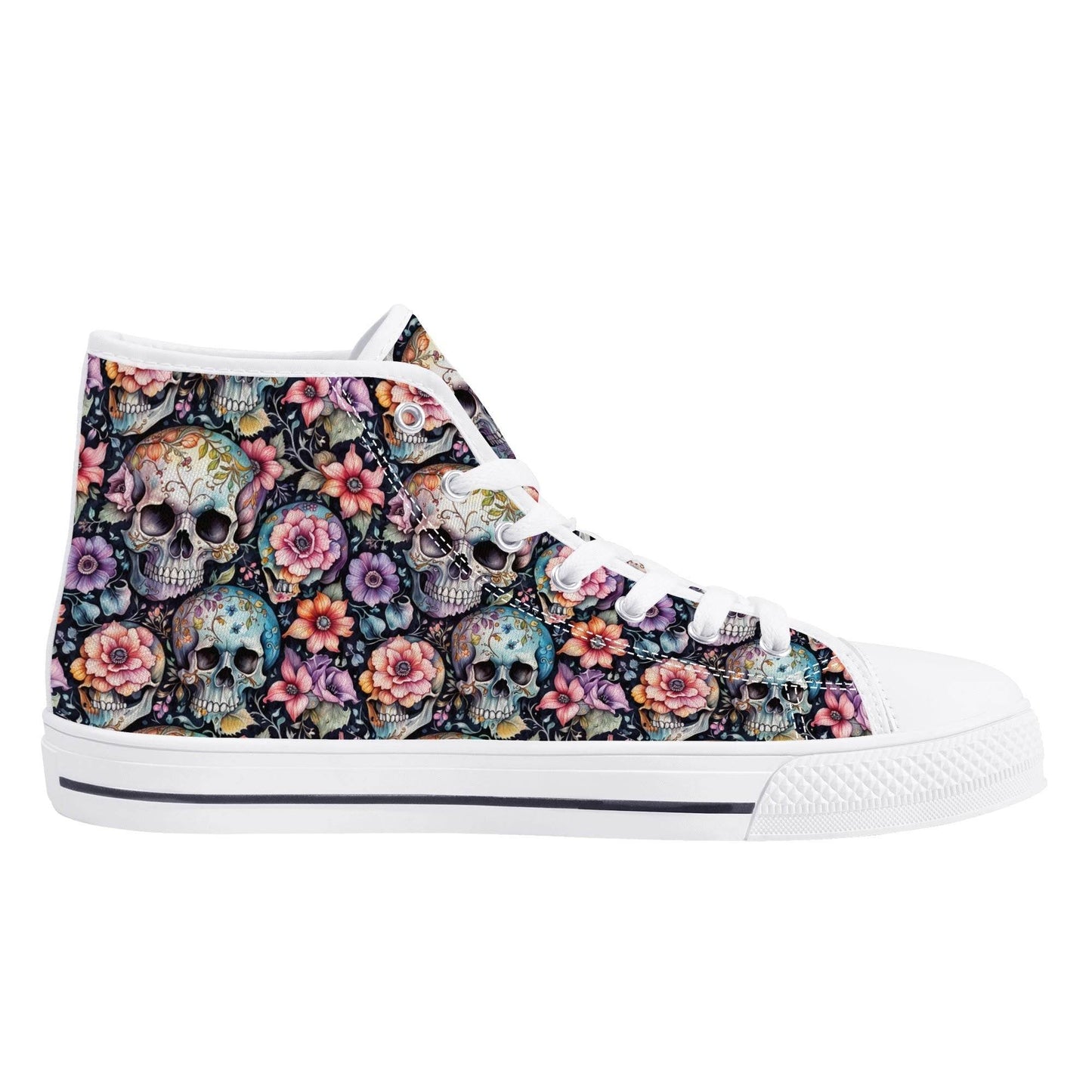 Pastel Floral and Skulls Men's High Top Canvas Shoes - DeRose Seasonal