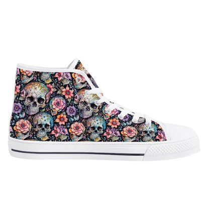 Pastel Floral and Skulls Men's High Top Canvas Shoes - DeRose Seasonal