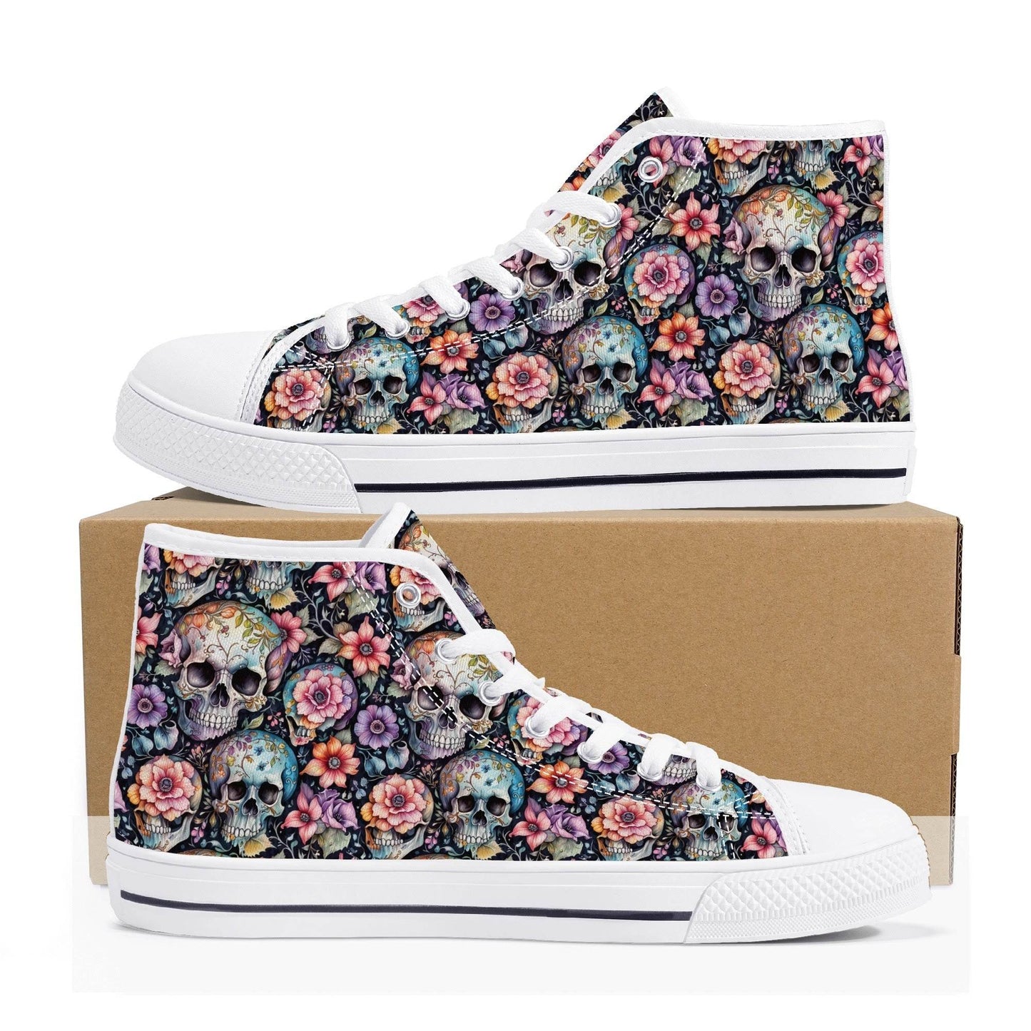 Pastel Floral and Skulls Men's High Top Canvas Shoes - DeRose Seasonal
