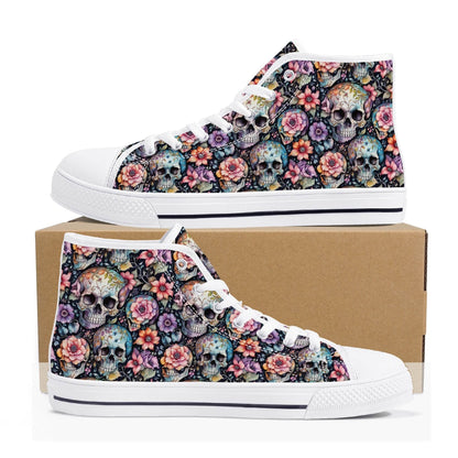 Pastel Floral and Skulls Men's High Top Canvas Shoes - DeRose Seasonal
