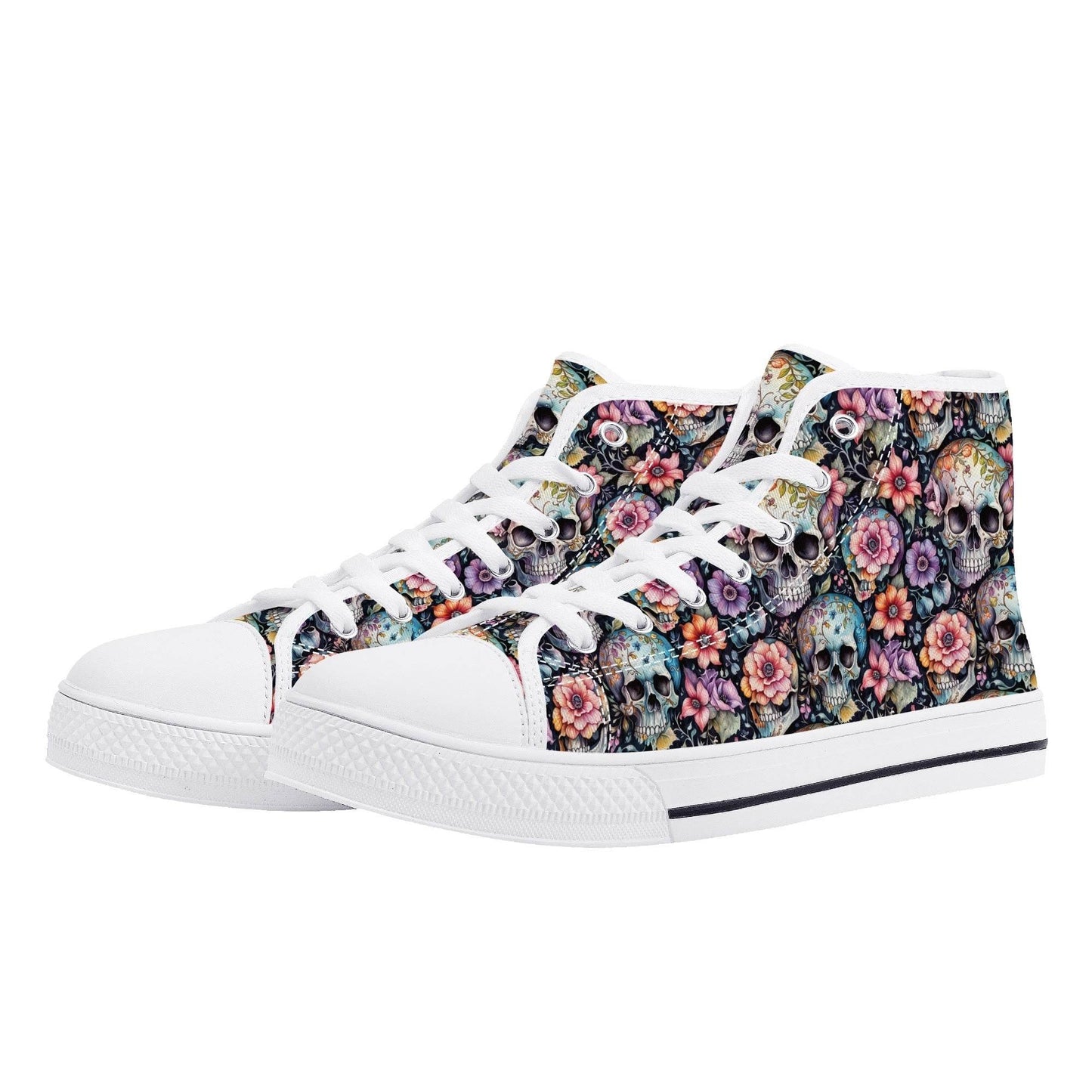 Pastel Floral and Skulls Men's High Top Canvas Shoes - DeRose Seasonal